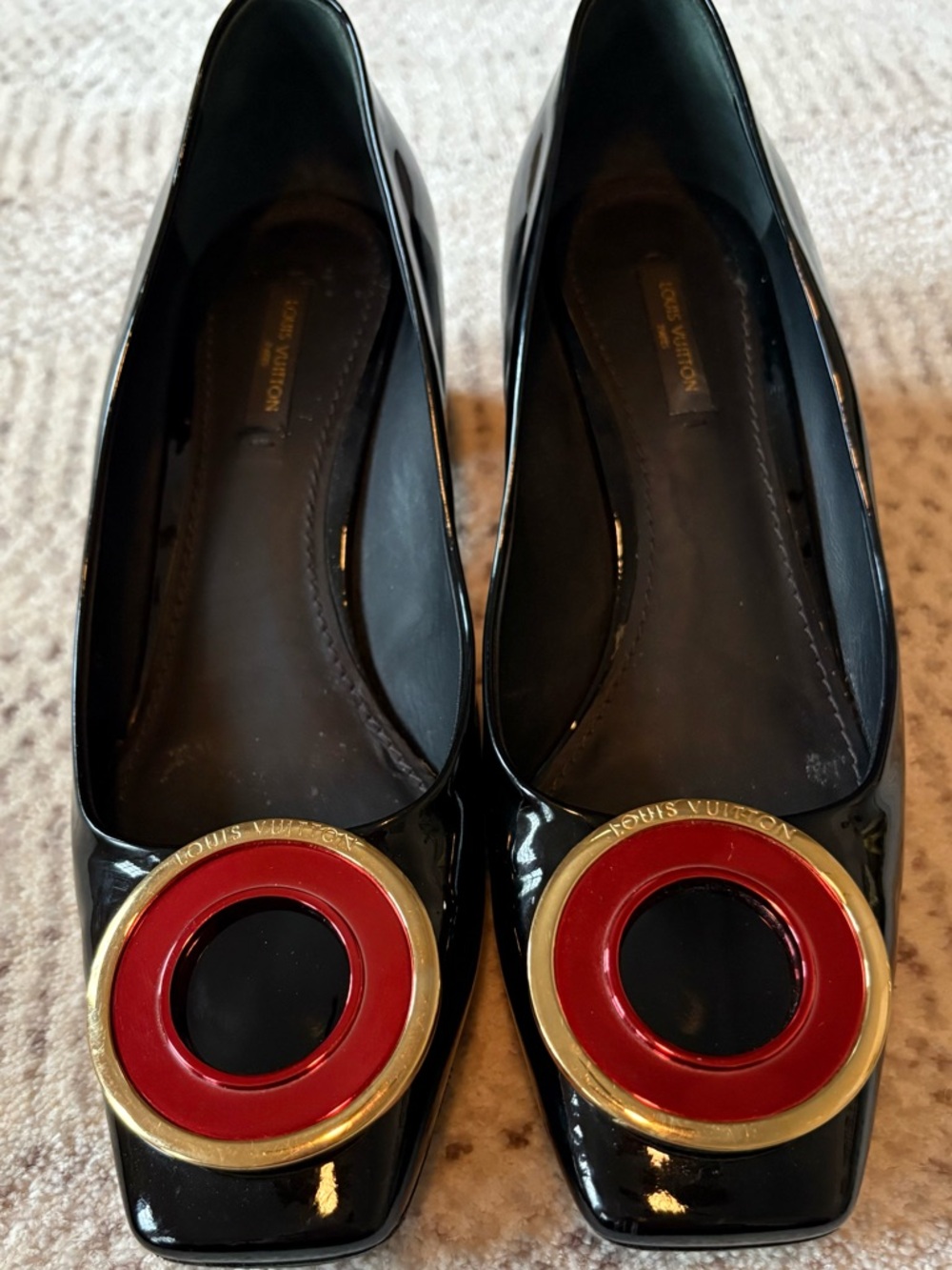 Louis Vuitton Black Patent Pumps with Red and Gold Medallion Accents